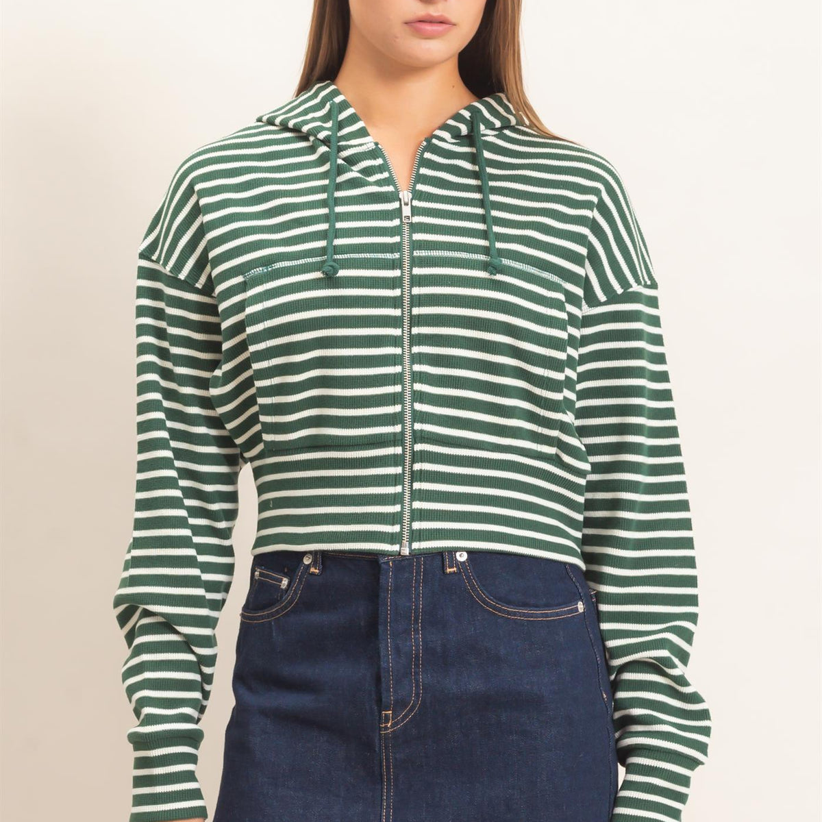 Wholesale Striped Zip-Up Hoodie Hoodies DZ26E433 DARK GREEN DOUBLE ZERO