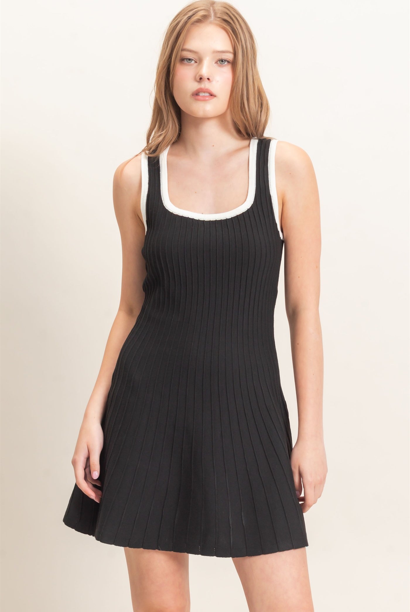 Wholesale Ribbed Square Neck Mini Dress Dresses HF26F213 BLACK HYFVE