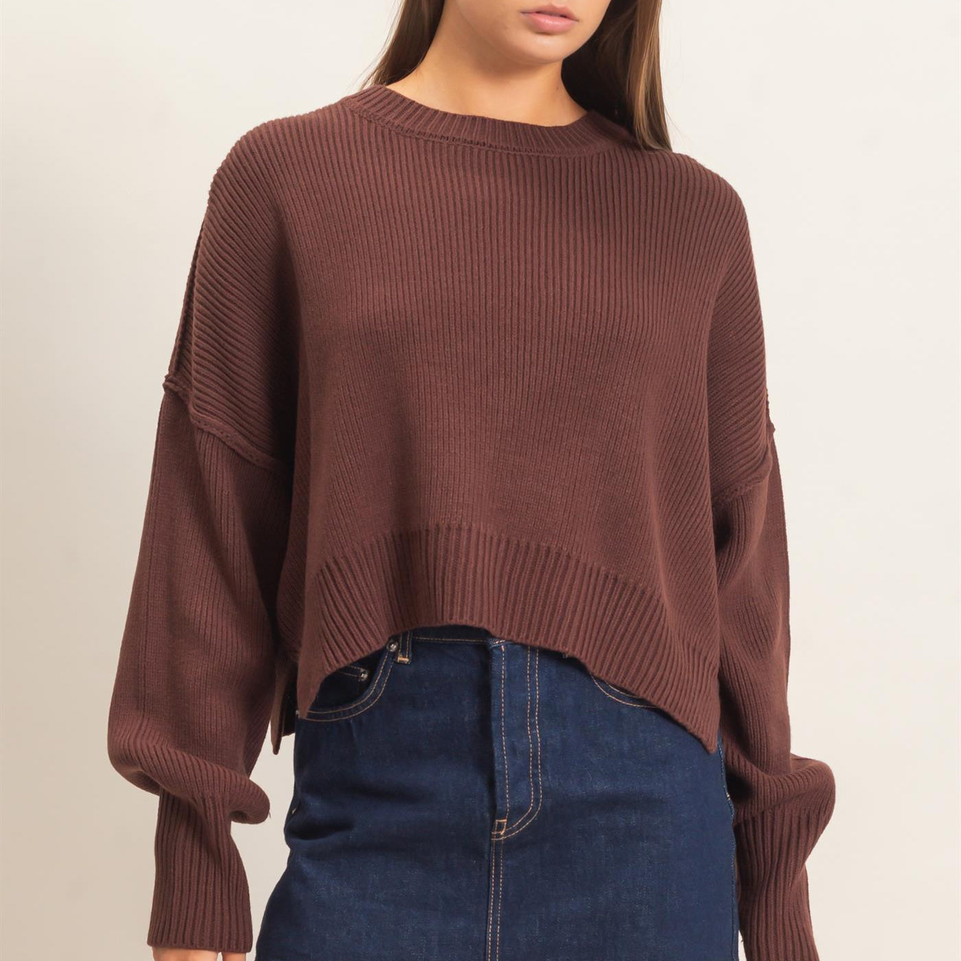 Wholesale Ribbed Drop Shoulder Sweater Sweaters DZ26C982 DARK BROWN DOUBLE ZERO