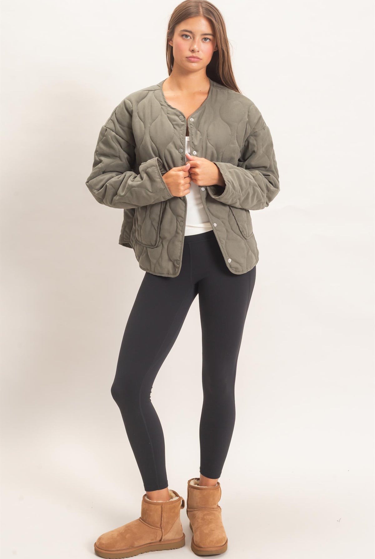 Wholesale Quilted Button Front Jacket Coats & Jackets DZ26F254 OLIVE DOUBLE ZERO