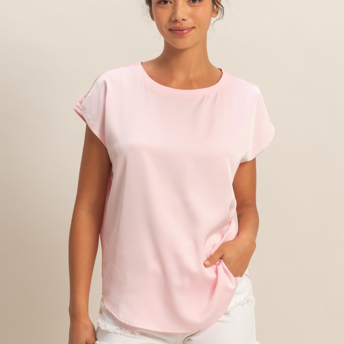 Wholesale Satin Dolman Sleeve Round Neck Blouse Clothing Tops DZ26C181 SOFT PINK DOUBLE ZERO