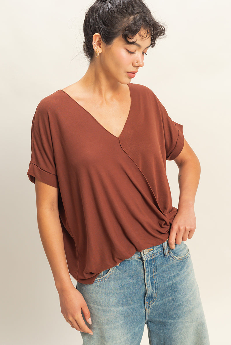 Wholesale V-Neck Oversized Top Clothing Tops DZ22A998 CHOCOLATE DOUBLE ZERO