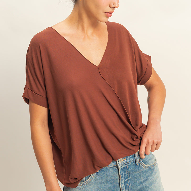 Wholesale V-Neck Oversized Top Clothing Tops DZ22A998 CHOCOLATE DOUBLE ZERO