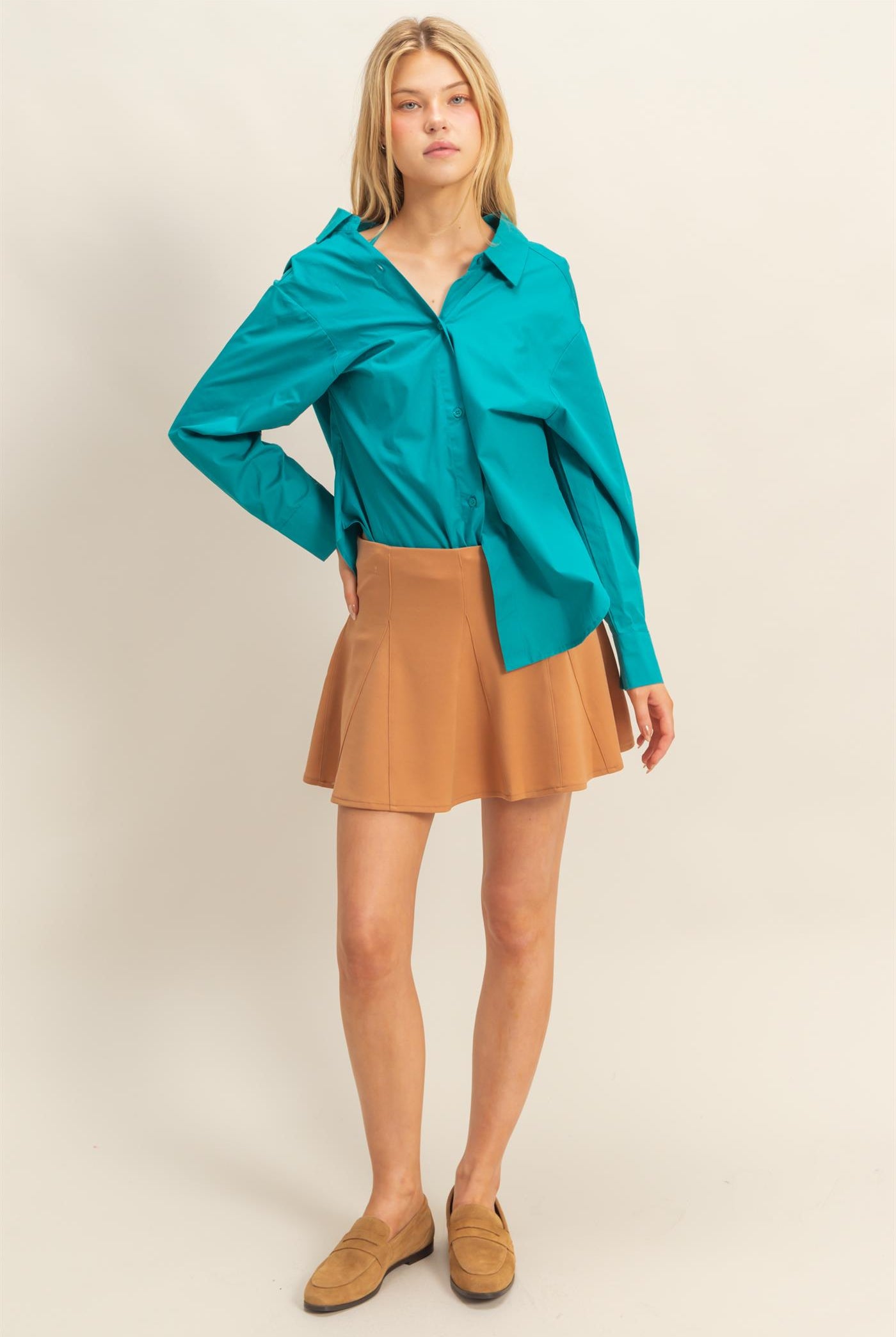 Wholesale Off-The-Shoulder Asymmetrcal Button-Up Shirt Clothing Tops HF22G139 TEAL HYFVE