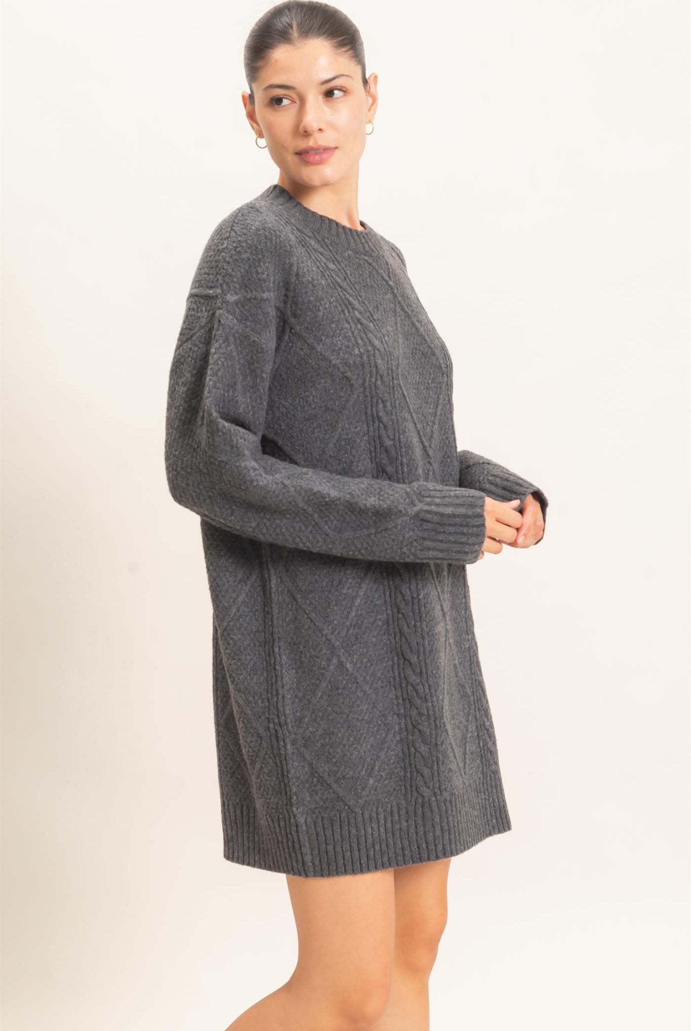 Wholesale Cable Knit Crew Neck Dress Dresses HF26F006 CHARCOAL HYFVE