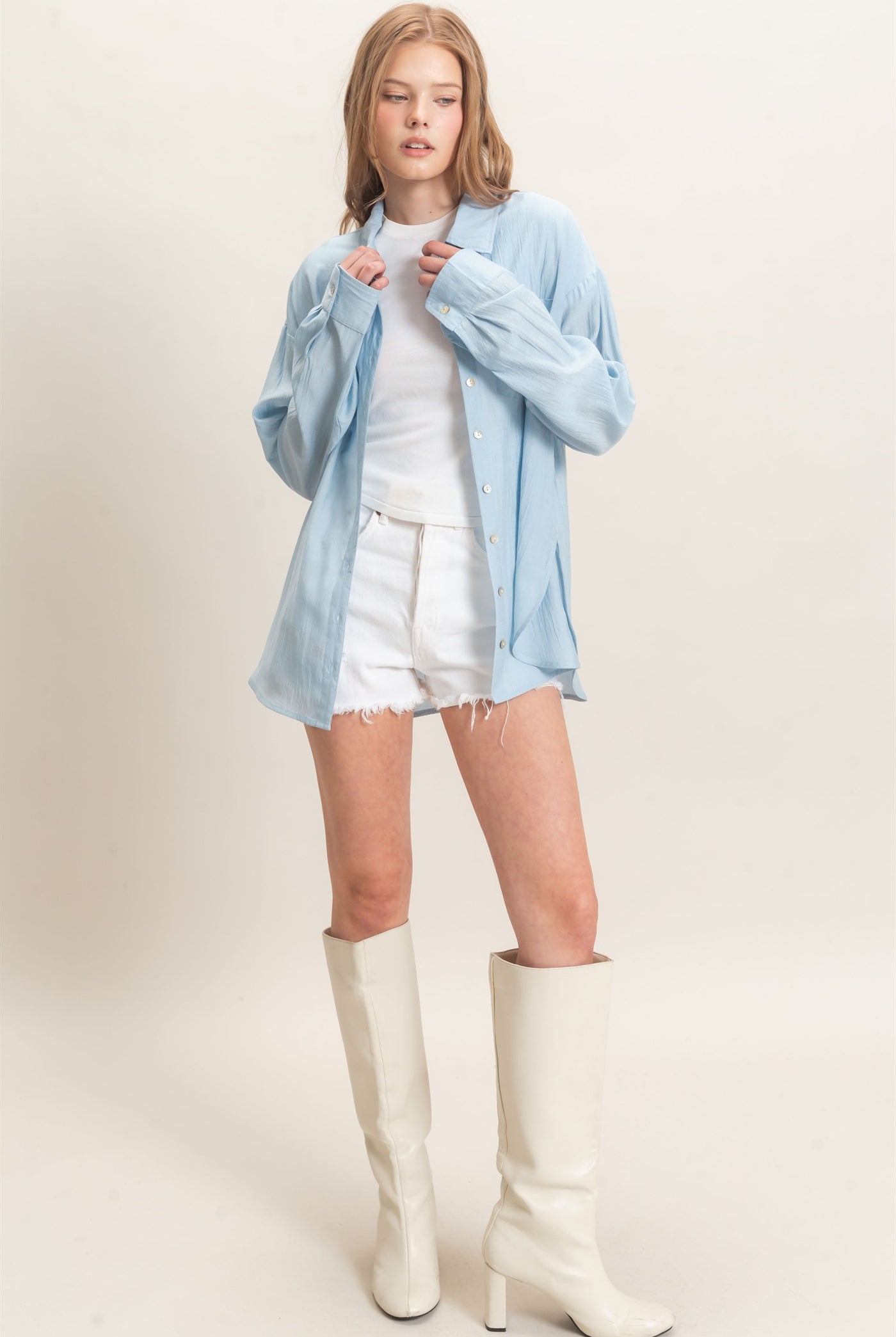 Wholesale Crinkled Button-Up Shirt Clothing Tops HF26E691 LIGHT BLUE HYFVE