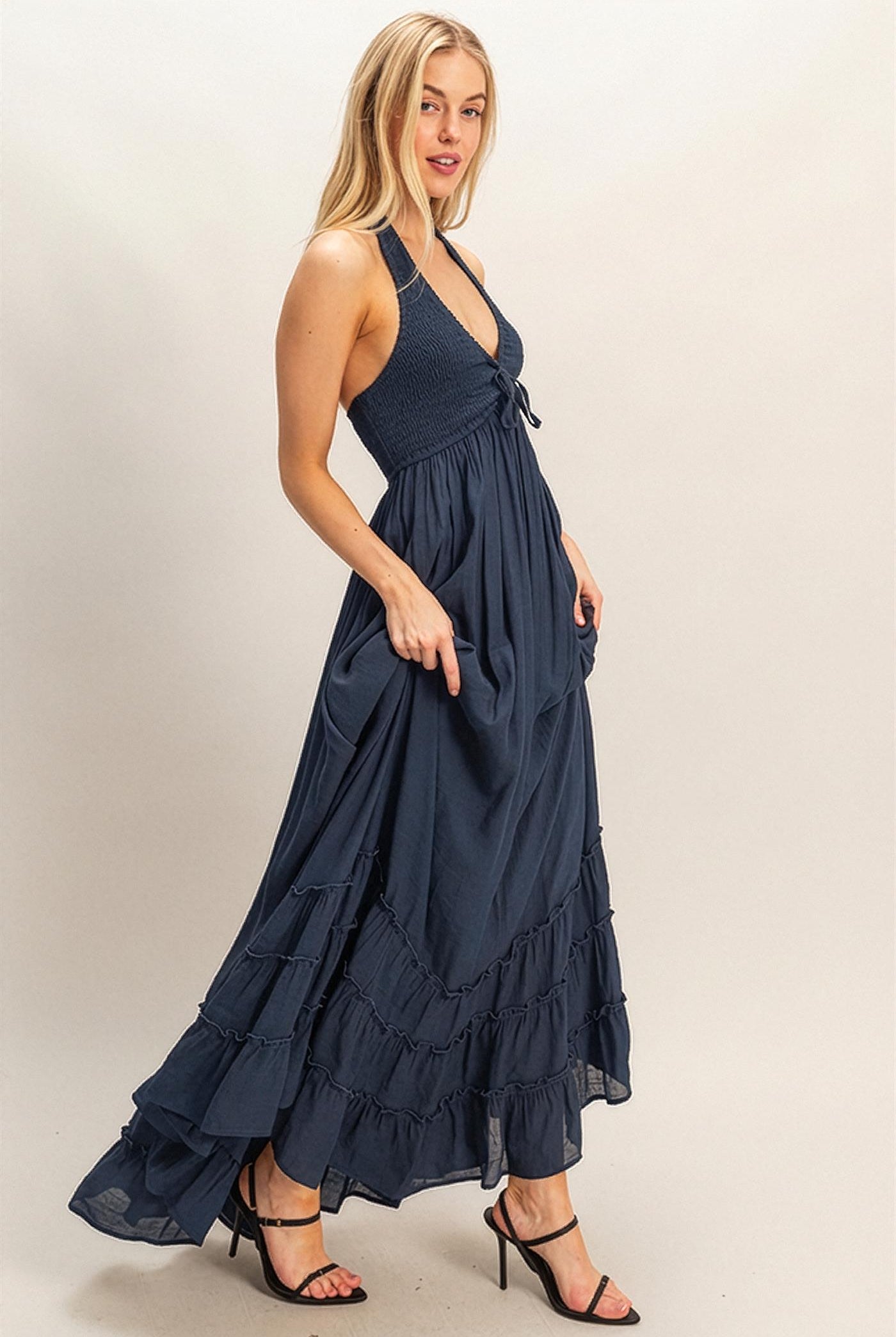 Wholesale Halter Neck Smocked Maxi Dress Dresses HF26C287-D DARK NAVY HYFVE