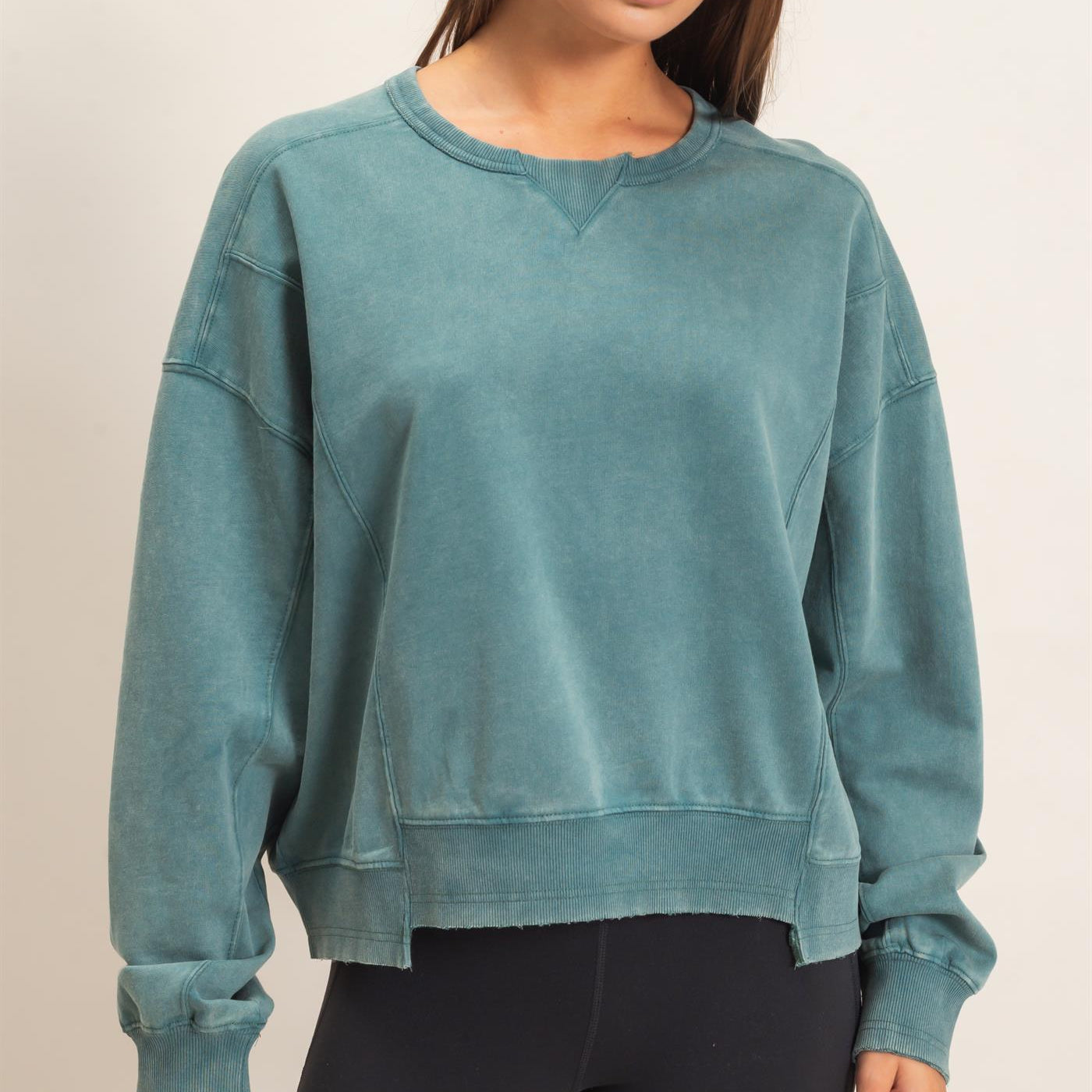 Wholesale Acid Wash Seam Detail Crew Neck Sweatshirt Sweatshirts DZ26E260 DARK TEAL DOUBLE ZERO