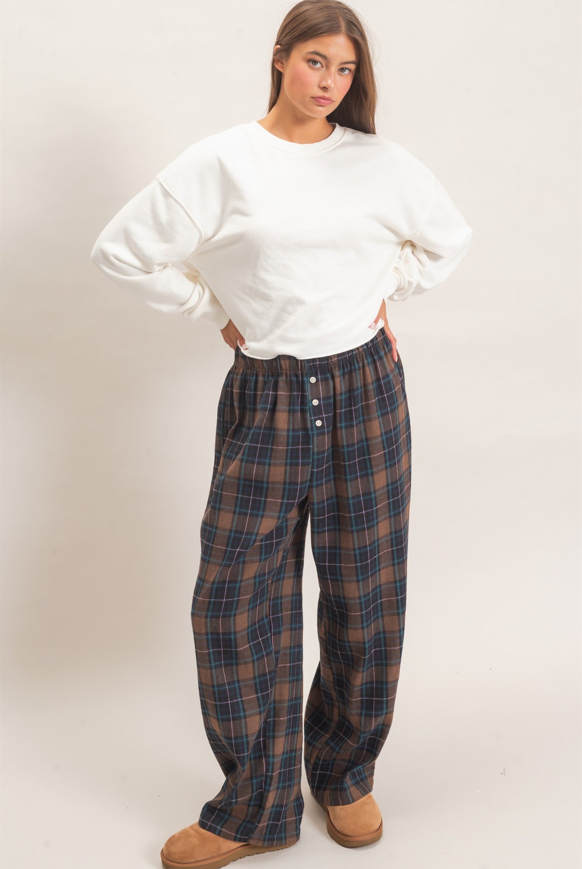 Wholesale Plaid Wide-Leg Pants Pants DZ26F271 BROWN DOUBLE ZERO