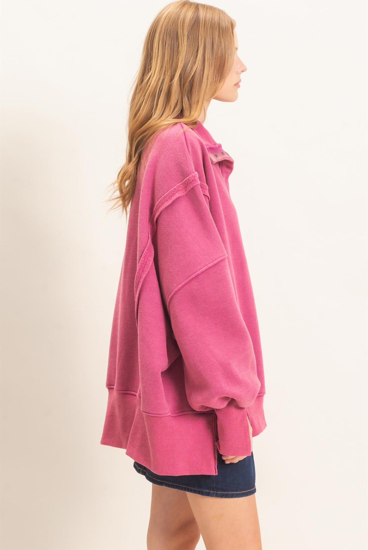 Wholesale Mineral Wash Snap Collar Pullover Clothing Tops HF26F086-D PURPLE HYFVE