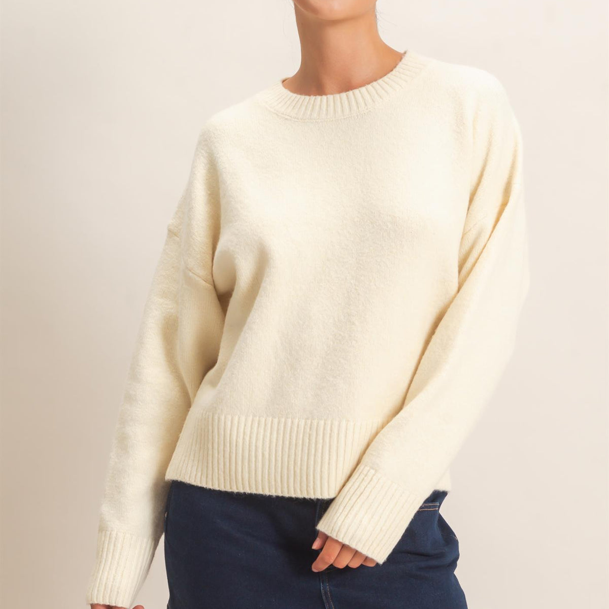 Wholesale Relaxed Fit Crew Neck Sweater Sweaters DZ26E956 CREAM DOUBLE ZERO