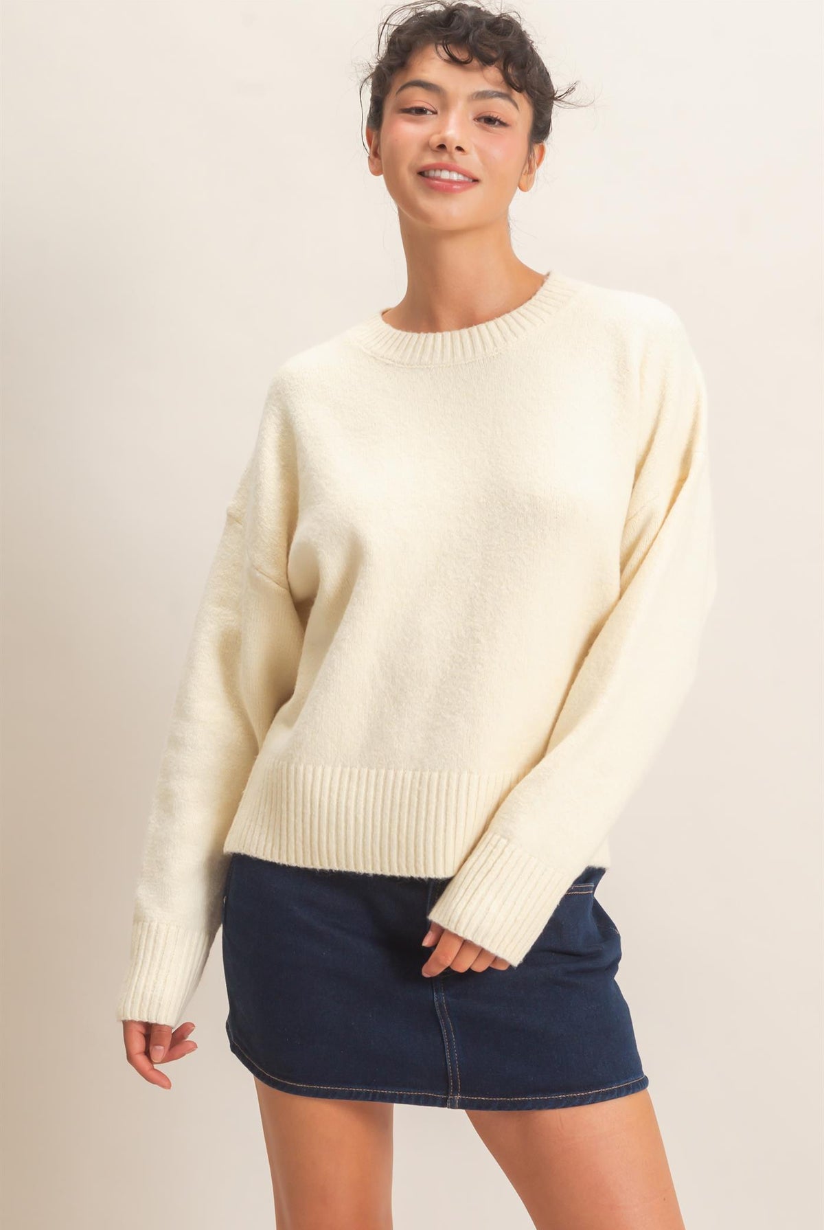 Wholesale Relaxed Fit Crew Neck Sweater Sweaters DZ26E956 CREAM DOUBLE ZERO