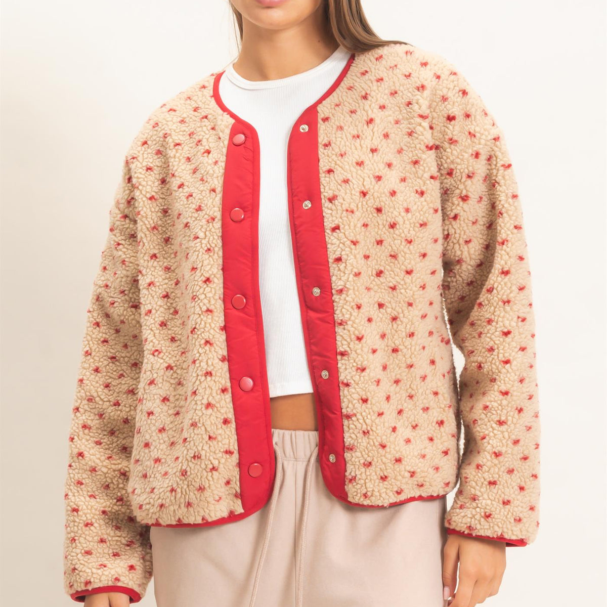 Wholesale Polka Dot Sherpa Jacket Coats & Jackets DZ26F160 RED DOUBLE ZERO