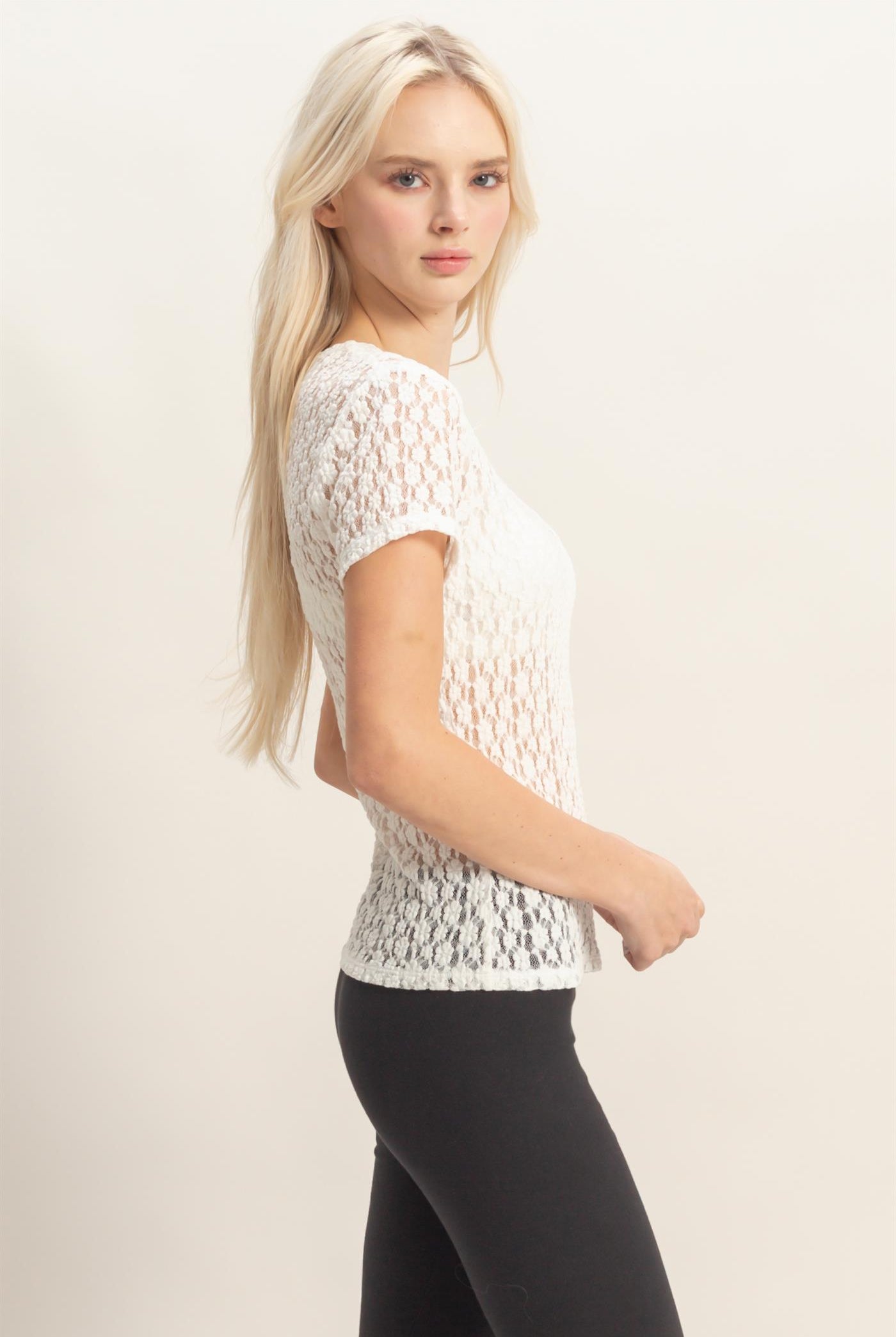 Wholesale Textured Lace Short Sleeve Top Clothing Tops DZ26C394 CREAM DOUBLE ZERO