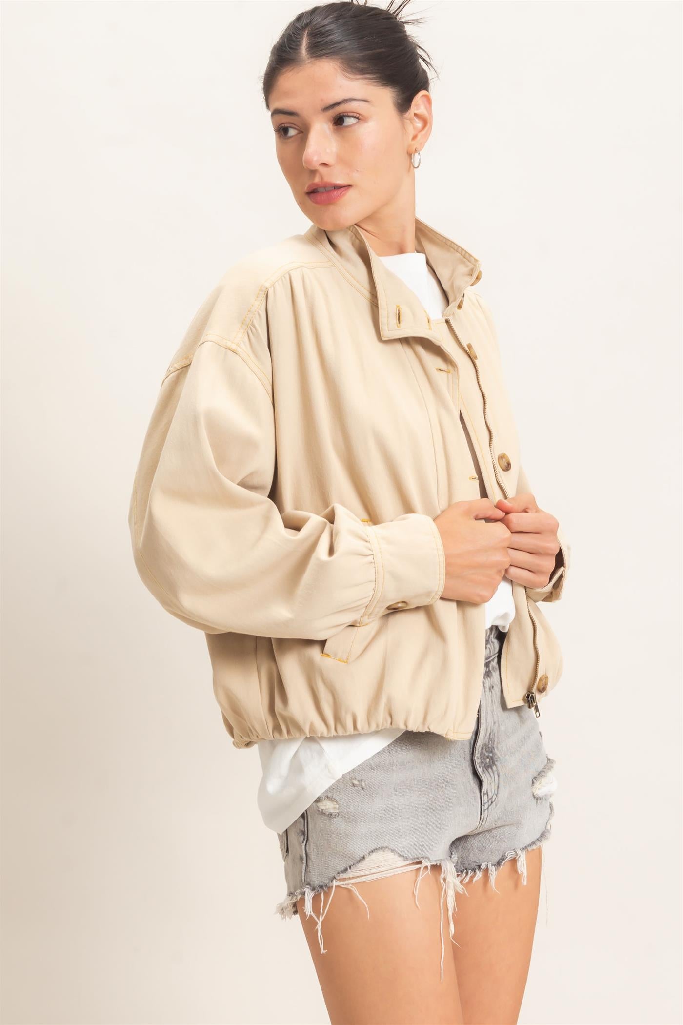 Wholesale High Collar Denim Bomber Jacket Coats & Jackets HF26E090-D BEIGE HYFVE