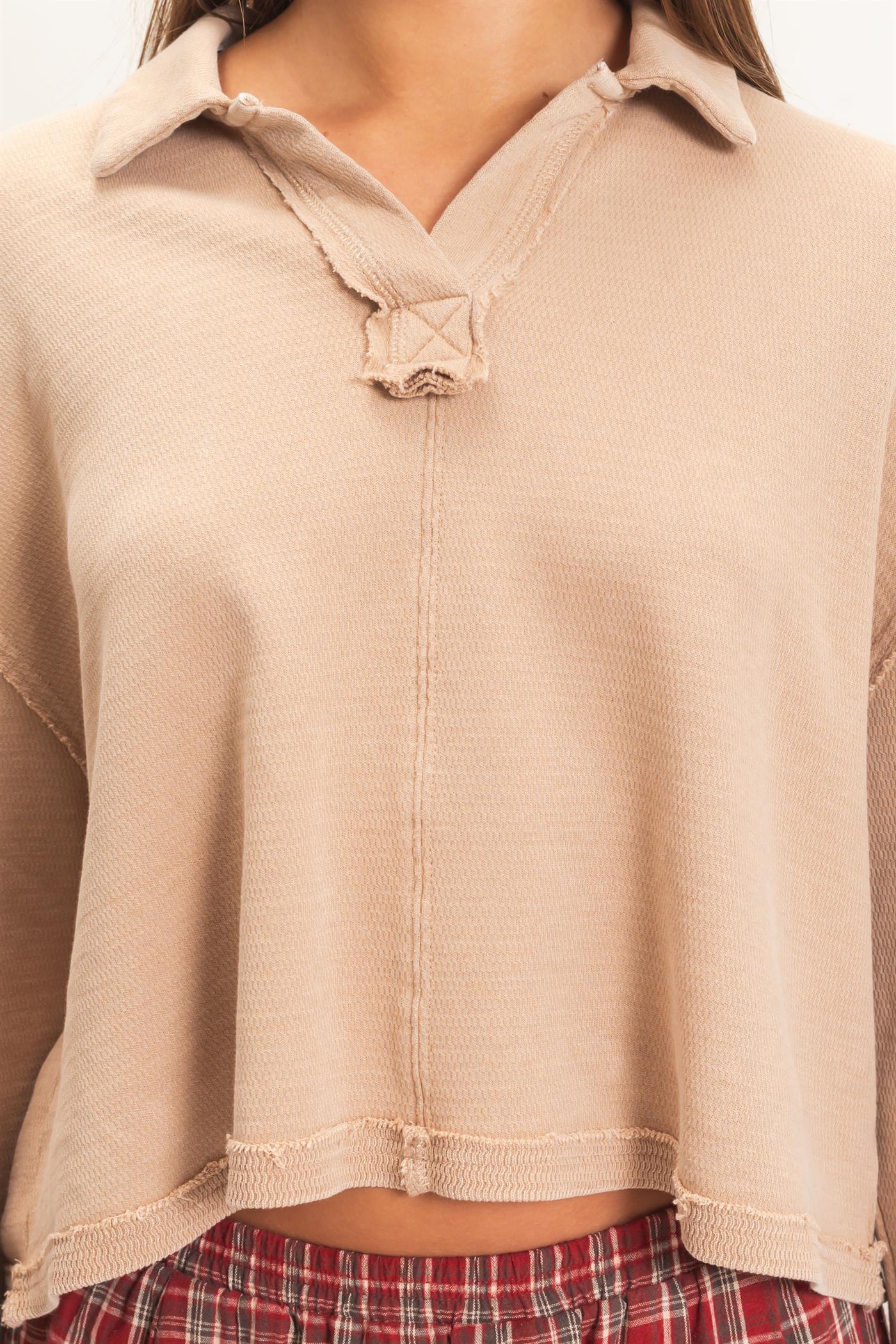 Wholesale Mineral Wash Textured Collar Top Polos DZ26E814 DARK TAUPE DOUBLE ZERO