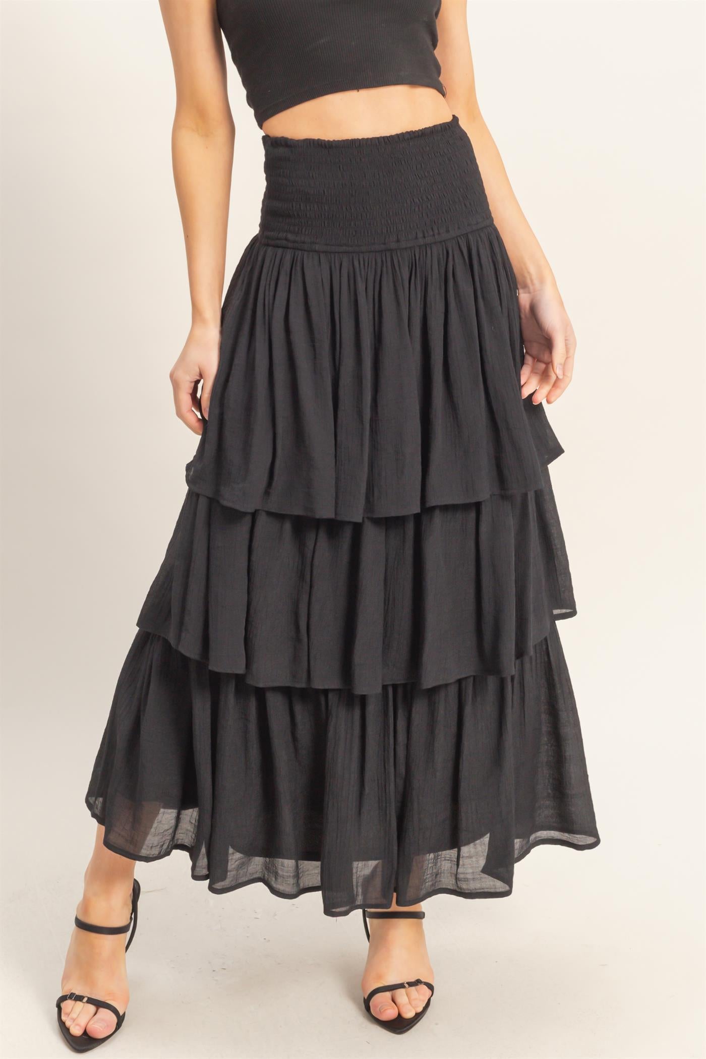 Wholesale Tiered Smocked Waist Skirt Skirts HF26C188-D BLACK HYFVE