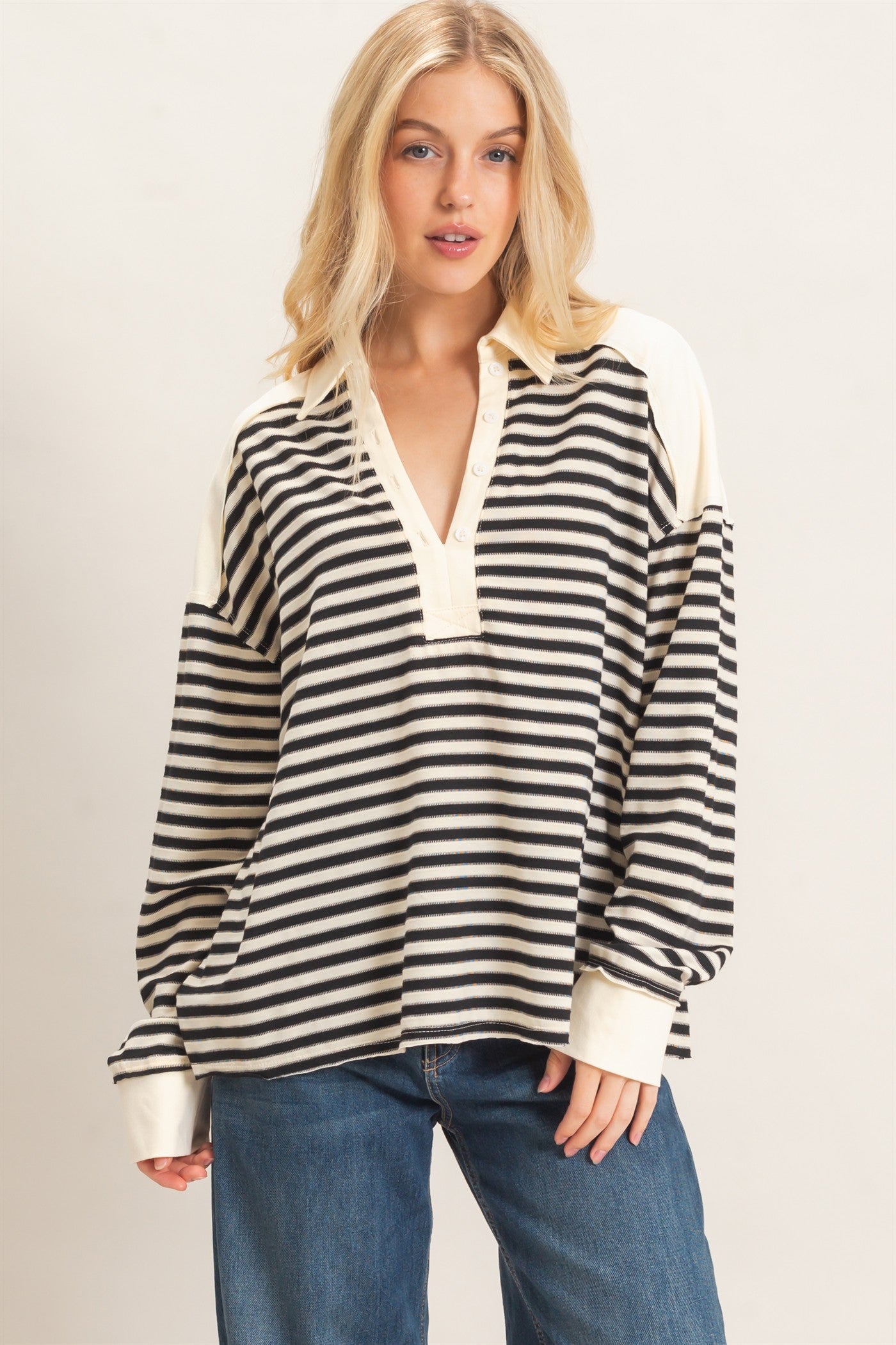 Wholesale Striped Henley Sweatshirt Clothing Tops HF26F089 BLACK HYFVE