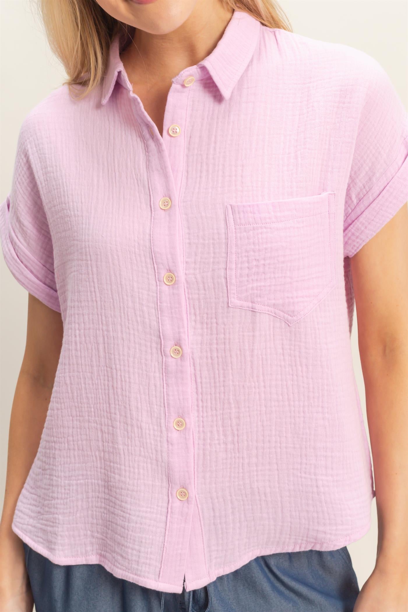 Wholesale Rolled Sleeve Button-Up Top Clothing Tops HF26E526 PINK HYFVE