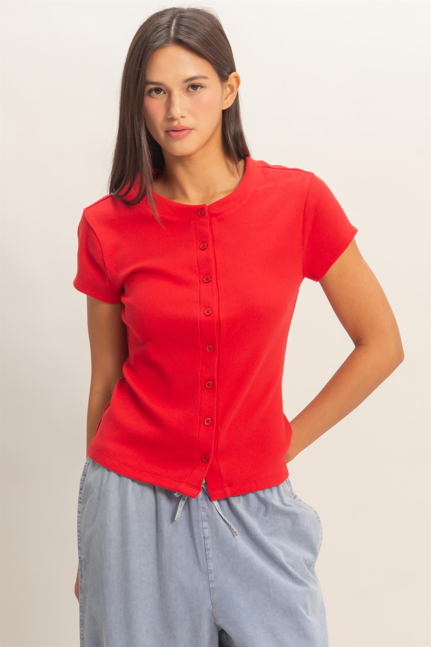 Wholesale Ribbed Button-Front Crew Neck Top Clothing Tops DZ26A727 RED DOUBLE ZERO