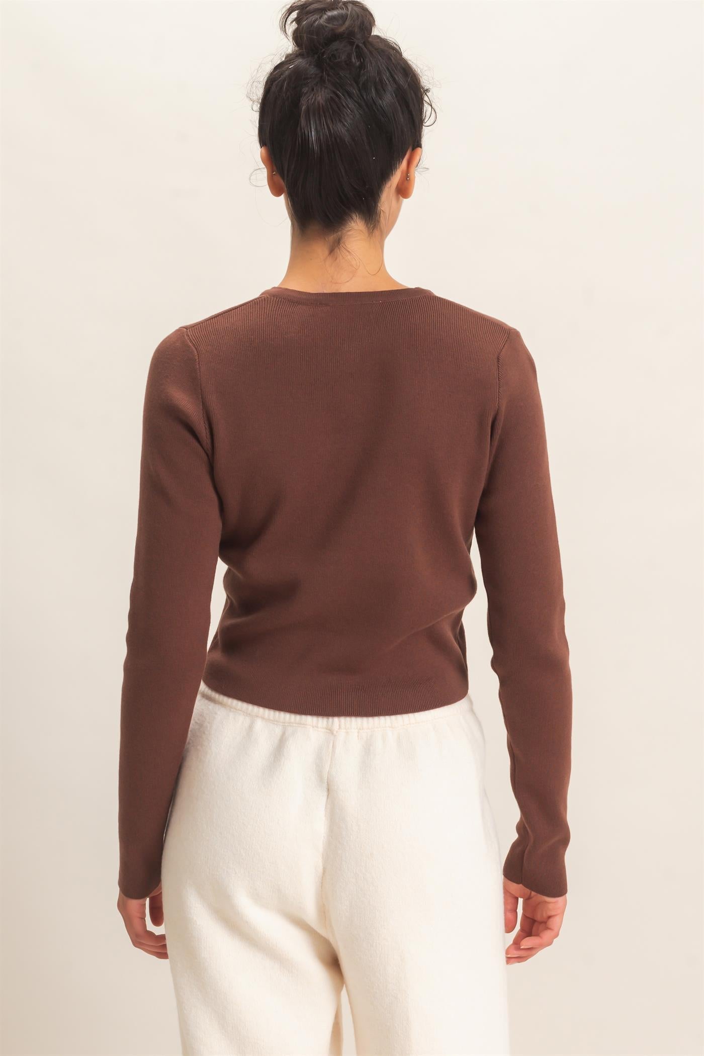 Wholesale Ribbed Crew Neck Cardigan Cardigans DZ27A153 DARK BROWN DOUBLE ZERO