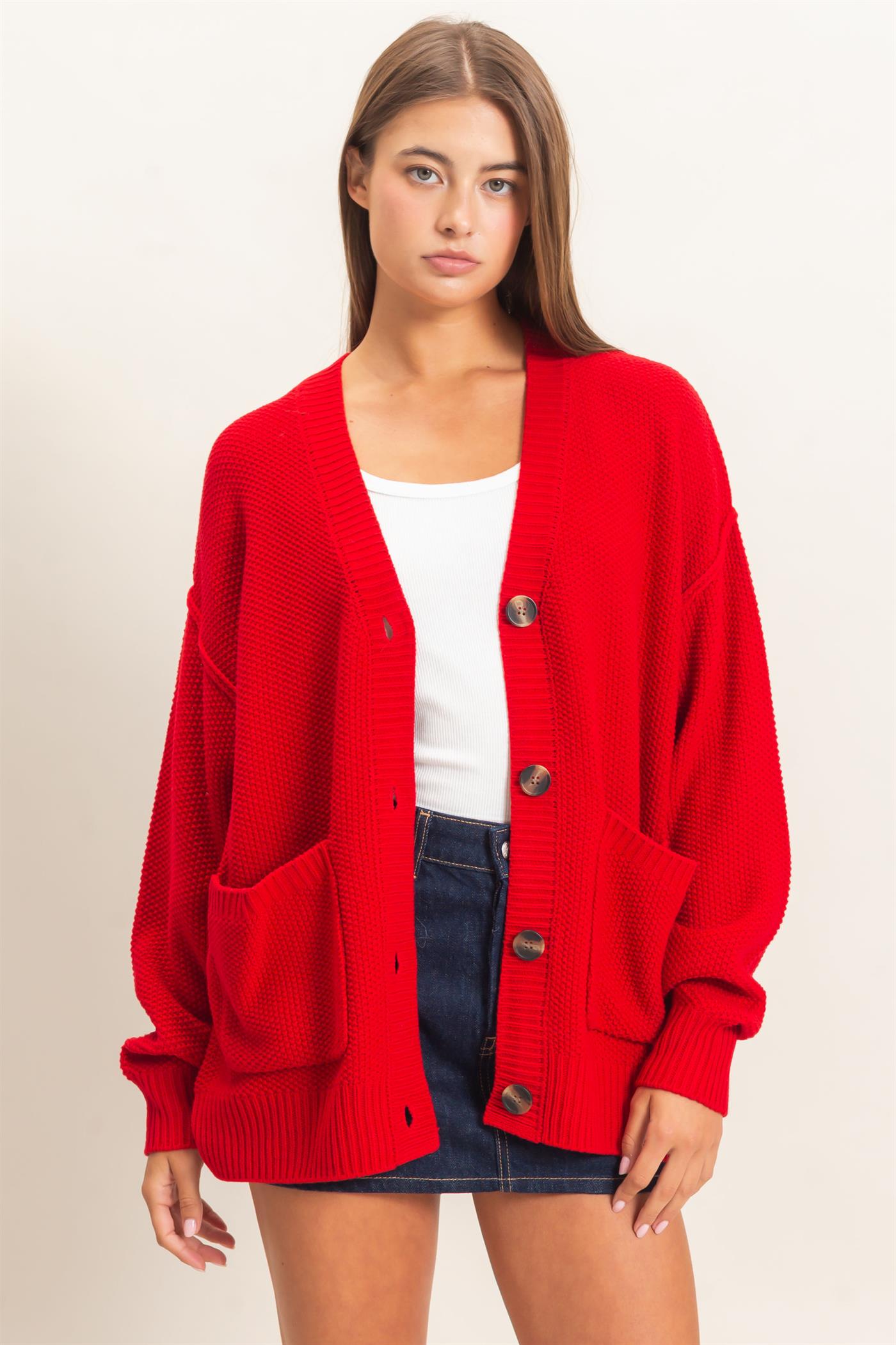 Wholesale Textured Oversized Knit Buttoned Cardigan Cardigans DZ26C971 RED DOUBLE ZERO