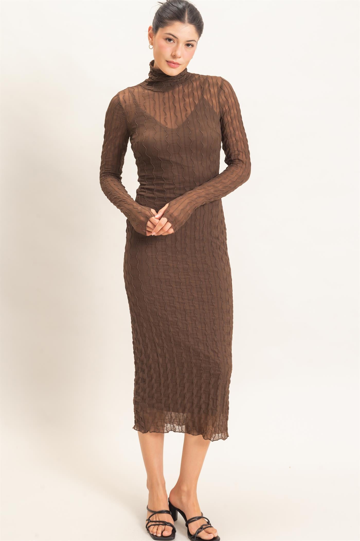 Wholesale Mesh Knit Maxi Dress Dresses HF26C890 BROWN HYFVE