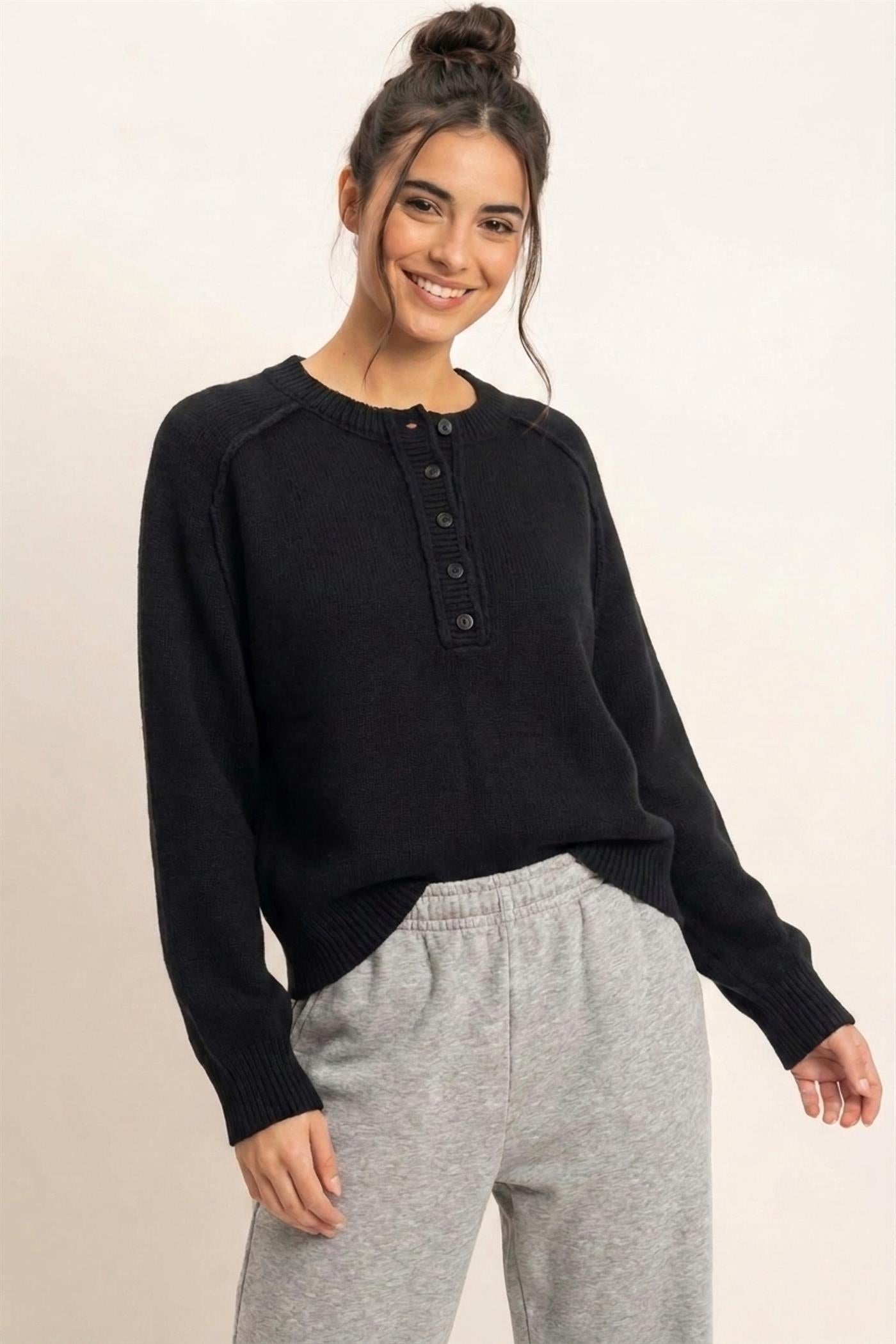 Wholesale Henley Sweater With Reverse Seams Sweaters DZ26F004 BLACK DOUBLE ZERO