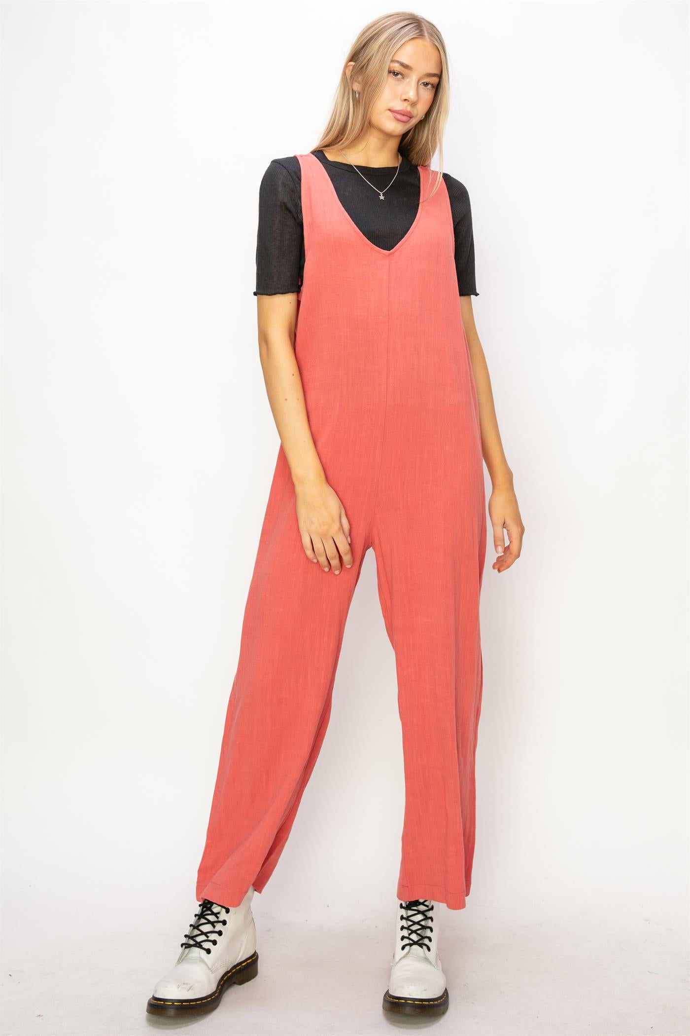 Wholesale Linen Sleeveless Jumpsuit One-Pieces DZ24A886 BRICK DOUBLE ZERO