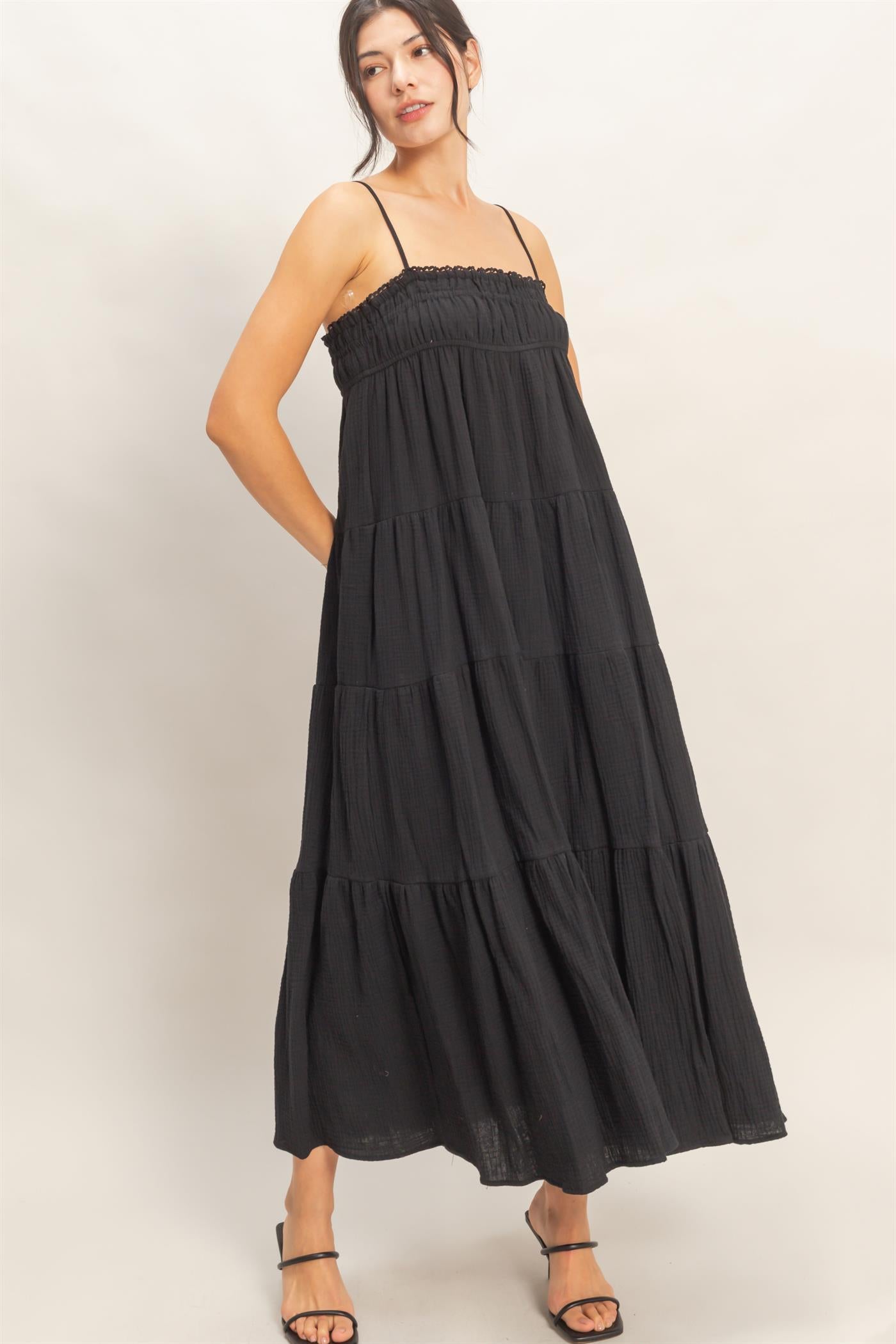 Wholesale Smocked Tiered Maxi Dress Dresses HF26C303 BLACK HYFVE