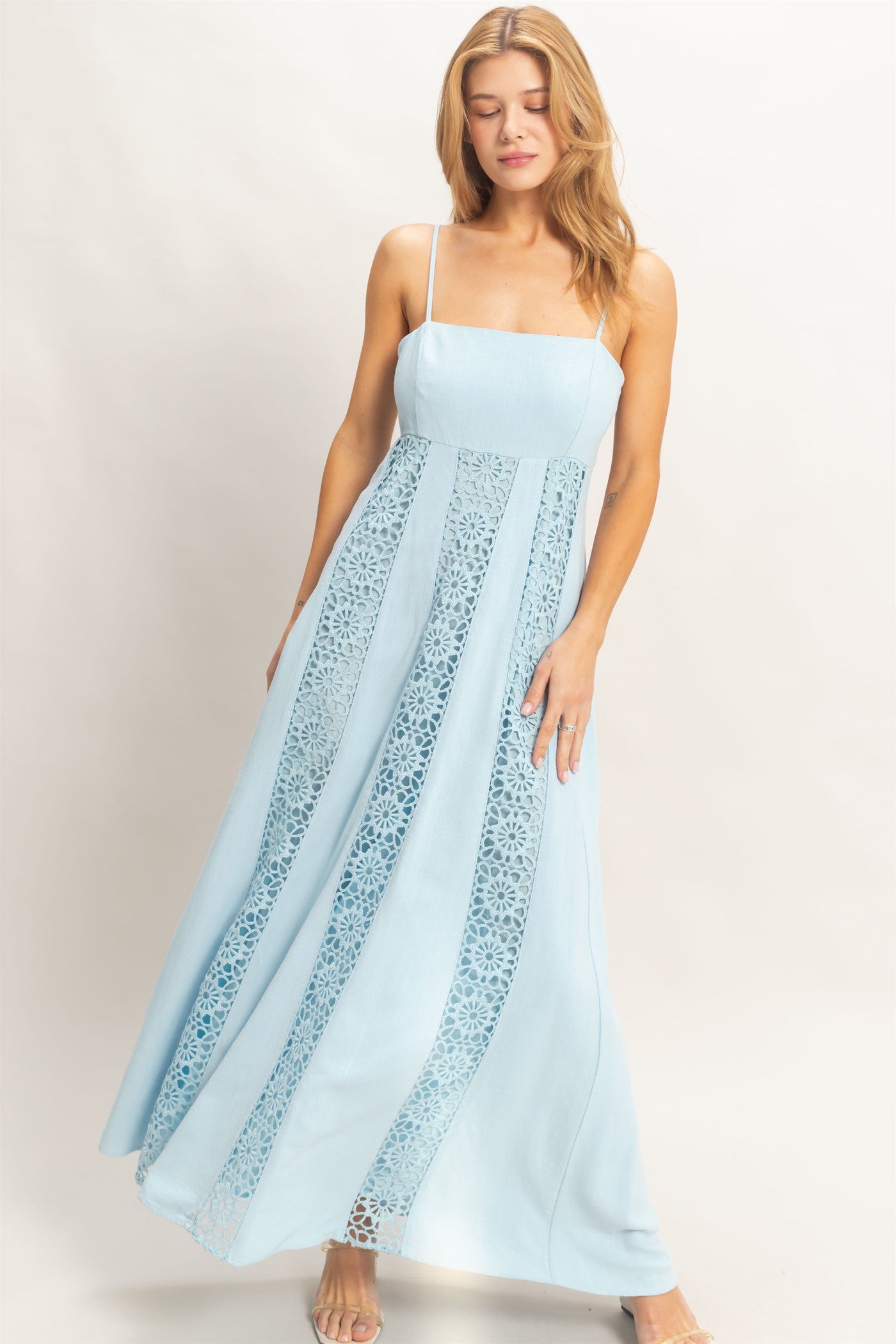 Wholesale Woven Lace Trim Maxi Dress Dresses HF26A498 LIGHT BLUE HYFVE