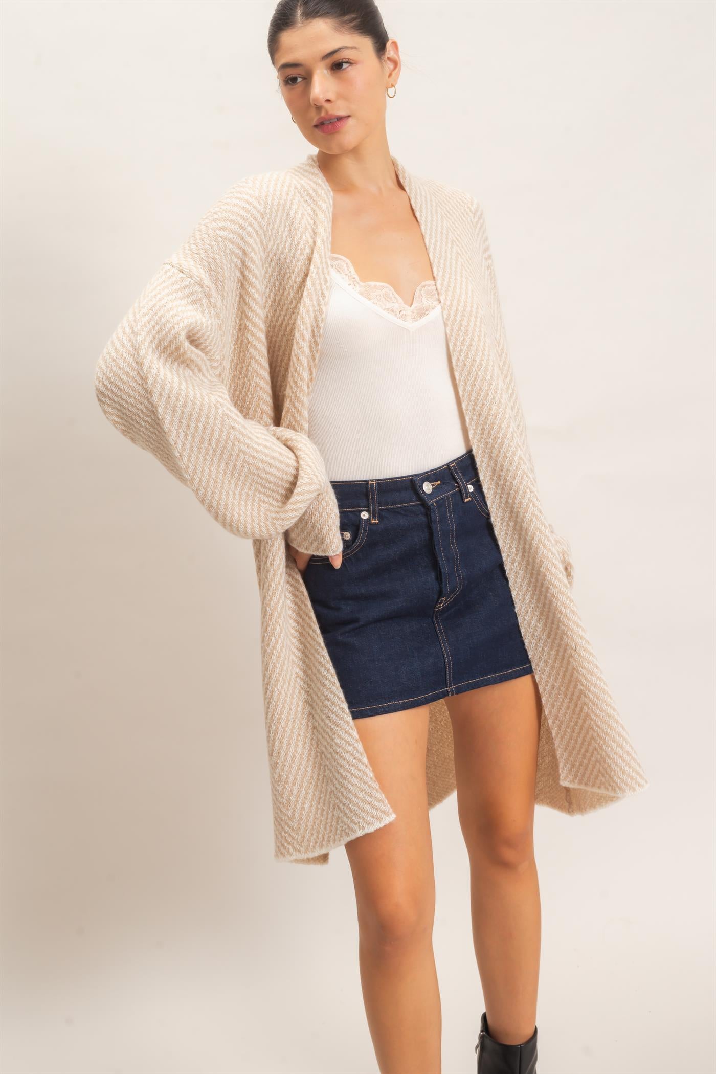 Wholesale Herringbone Pattern Open-Front Cardigan Cardigans HF26F171 TAUPE HYFVE