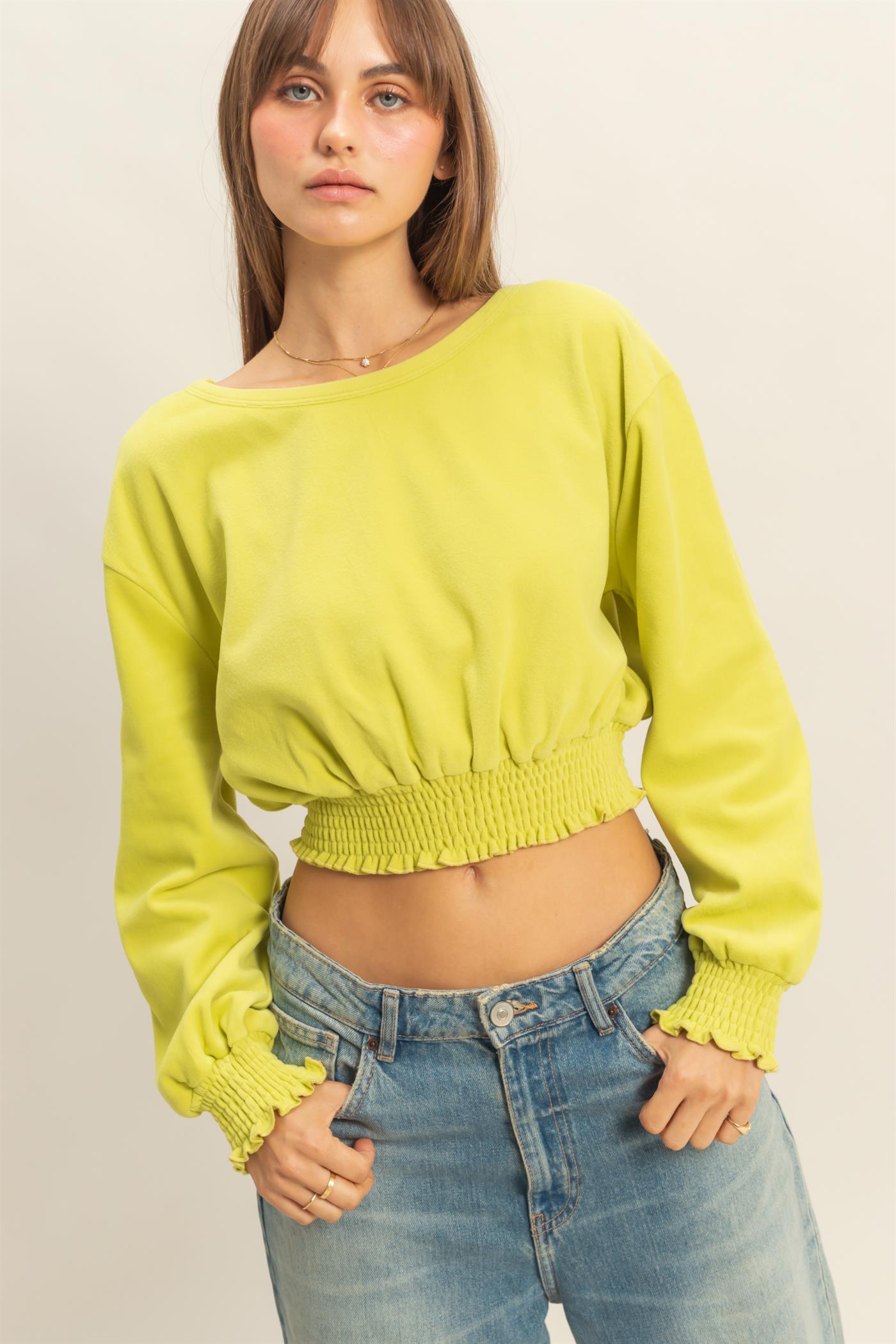 Wholesale Brushed Knit Smocked Crop Top Clothing Tops HF24C116 LIME HYFVE
