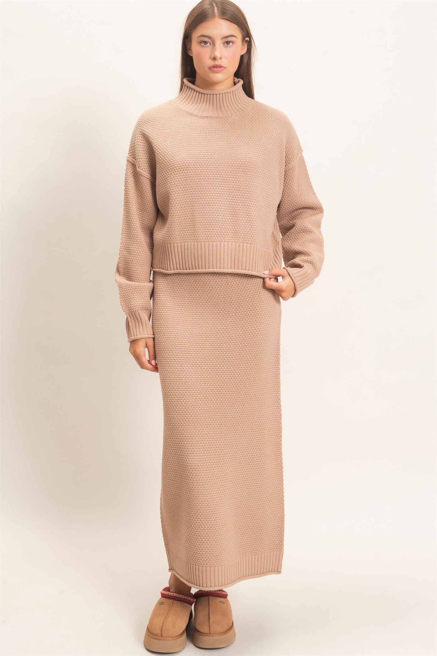 Wholesale High Neck Long Sleeve Top & Maxi Skirt Set Clothing DZ26E272-SET DARK TAUPE DOUBLE ZERO