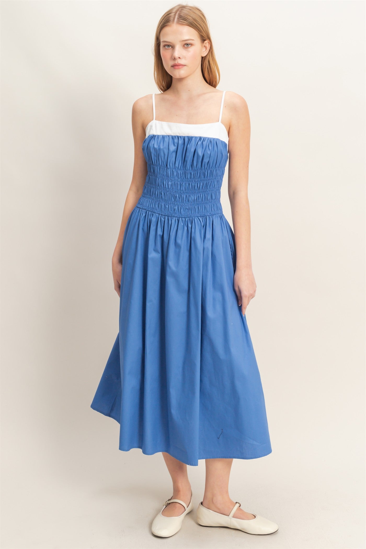 Wholesale Smocked Strapped Midi Dress Dresses HF26A624 BLUE HYFVE