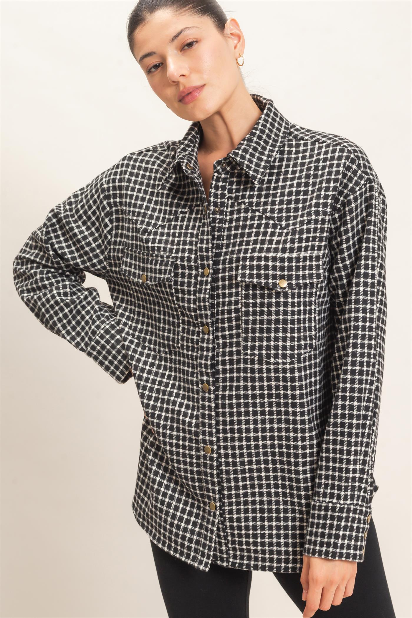 Wholesale Plaid Button-Up Shirt Clothing Tops HF25F450 BLACK HYFVE