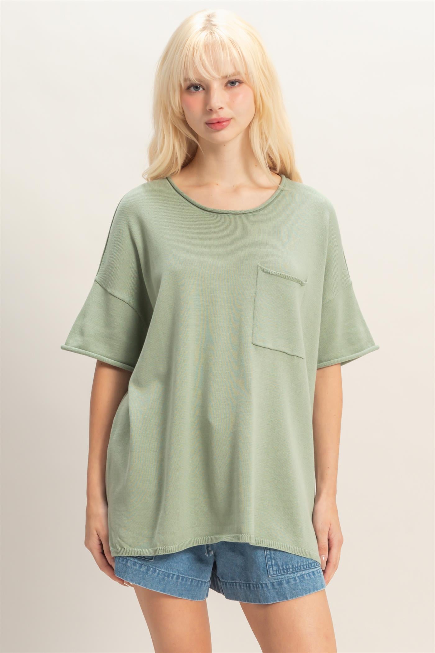 Wholesale Oversized Short Sleeve Round Neck Pocket Knit Top Clothing Tops DZ26A691 SAGE GREEN DOUBLE ZERO