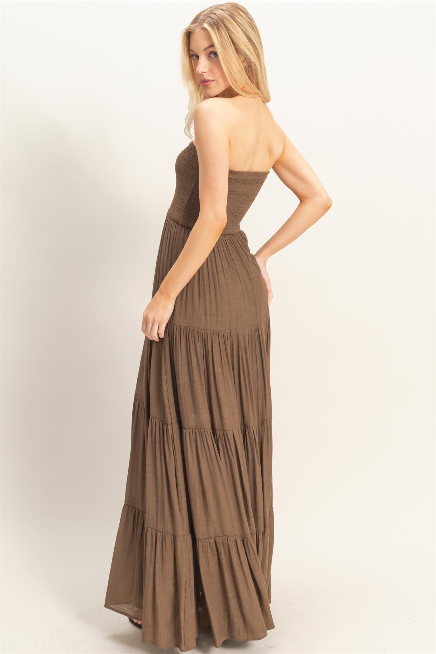 Wholesale Smocked Elastic Neck Maxi Dress Dresses HF26C284-D CHOCOLATE HYFVE