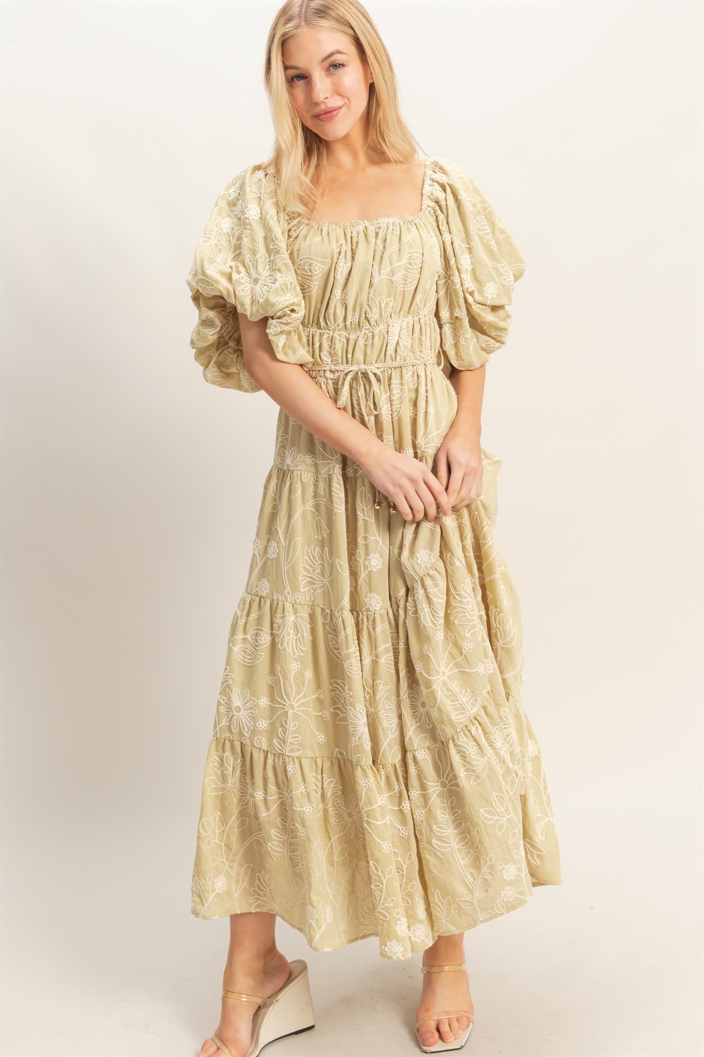 Wholesale Floral Puff Sleeve Midi Dress Dresses HF26C777-D LIGHT SAGE HYFVE