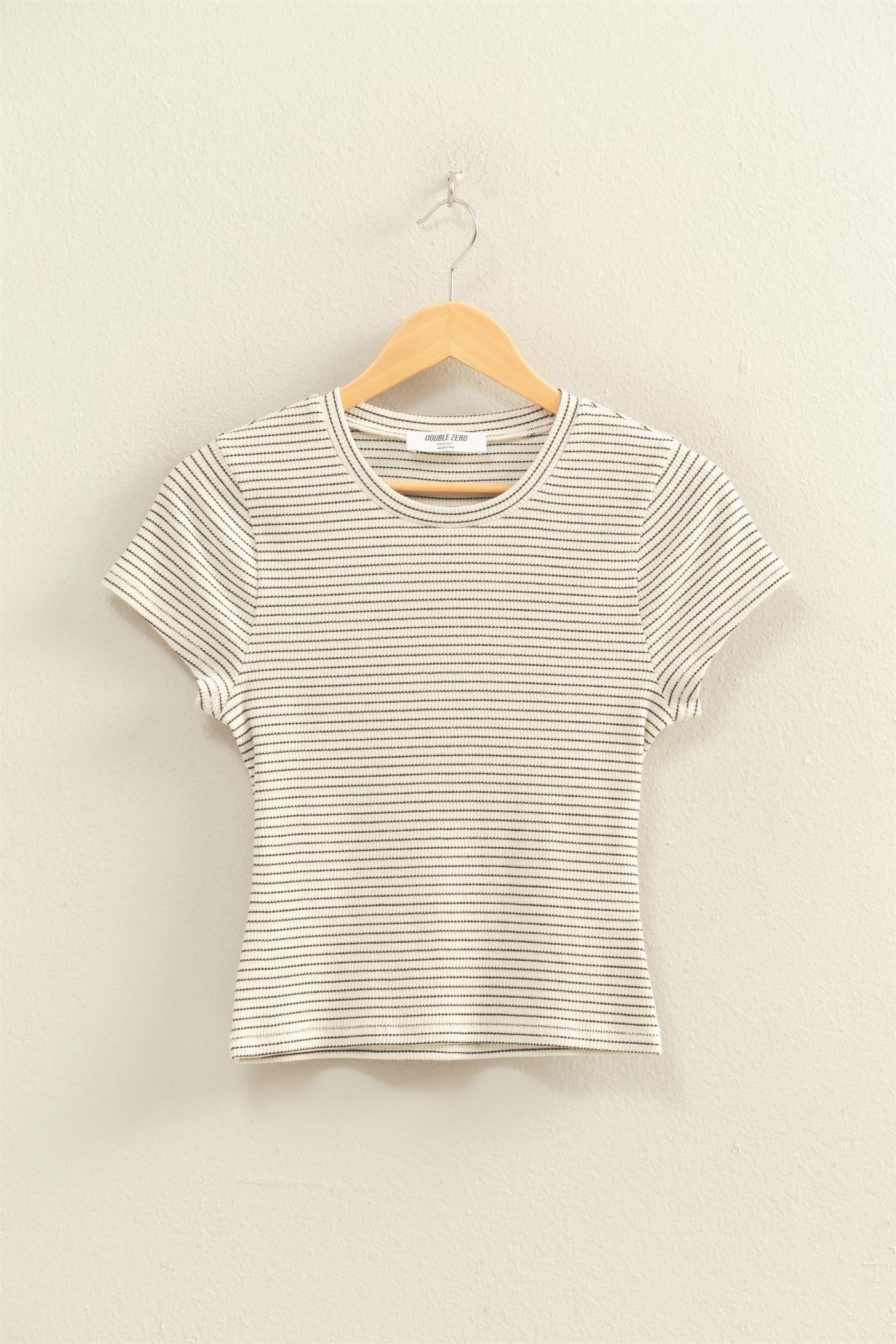 Wholesale Striped Ribbed Crew Neck Top Clothing Tops DZ26C281 CREAM DOUBLE ZERO