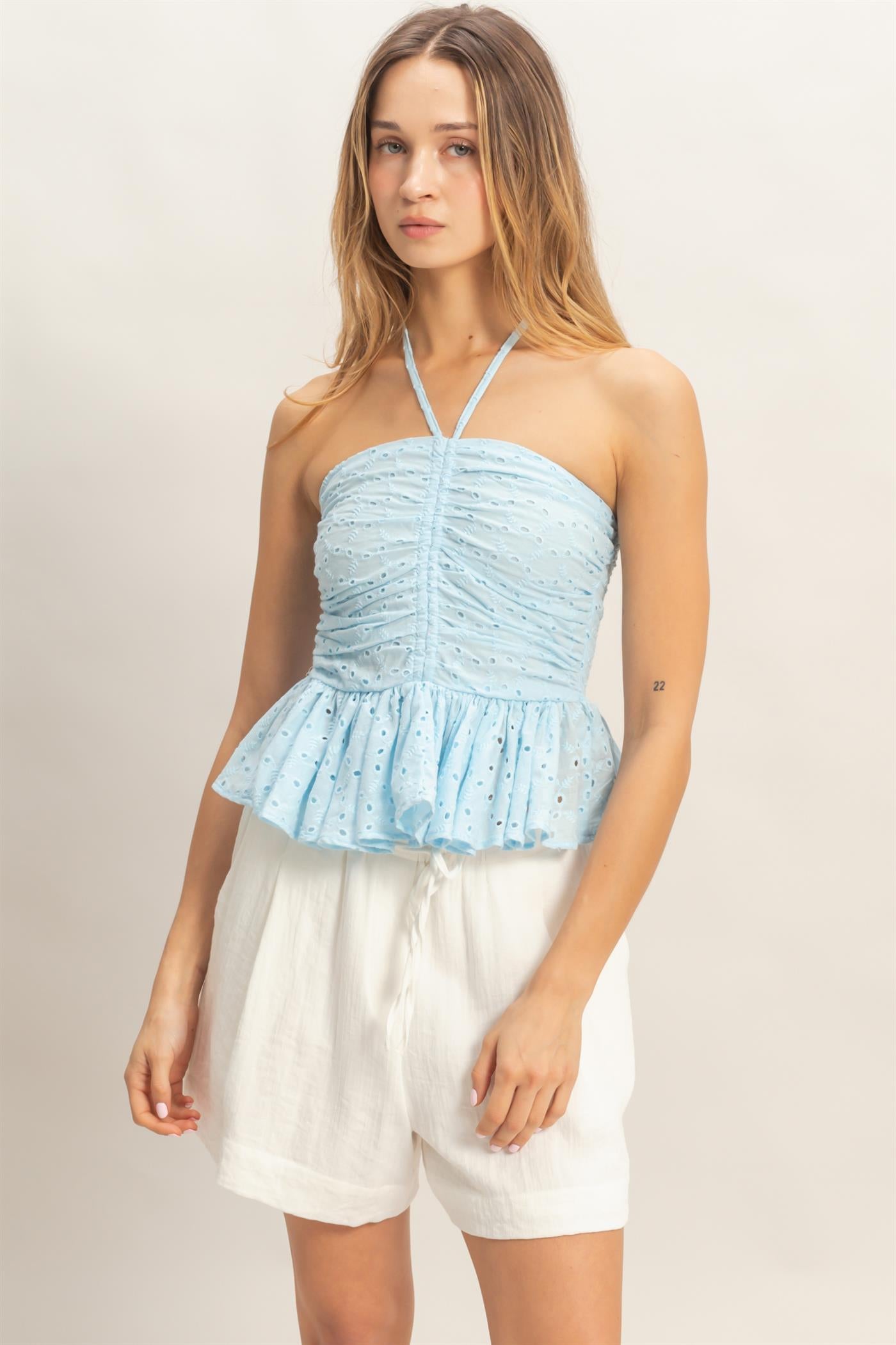 Wholesale Smocked Halter Top Clothing Tops HF26A276 L.BLUE HYFVE
