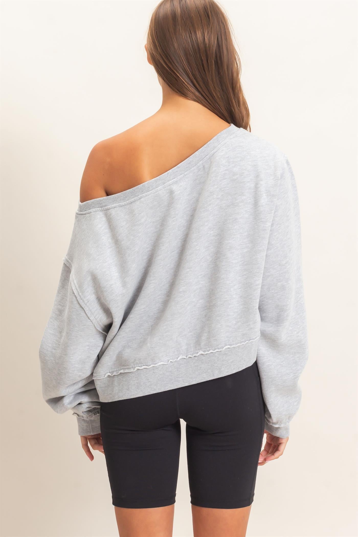 Wholesale Raw Edge Acid Wash Off The Shoulder Sweatshirt Sweatshirts DZ26F013 HEATHER GRAY DOUBLE ZERO
