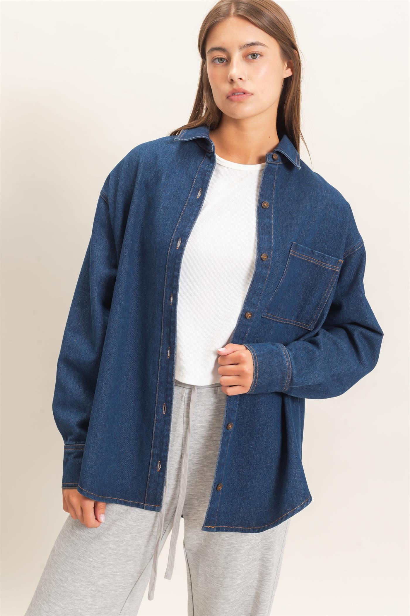 Wholesale Denim Button-Up Collar Shirt Clothing Tops DZ26F410 DARK BLUE DOUBLE ZERO