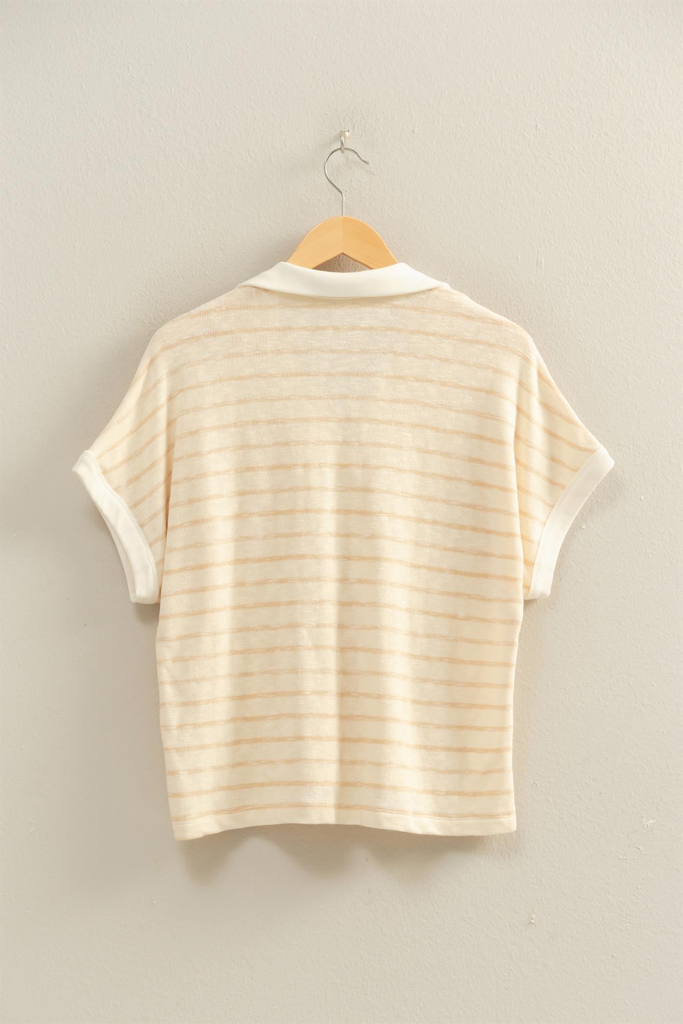 Wholesale Striped Dolman Sleeve V-Neck Collared Top Clothing Tops DZ26A452 TAUPE DOUBLE ZERO