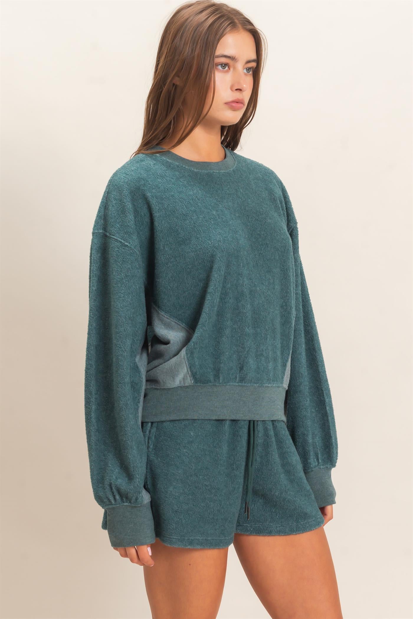 Wholesale Contrast Sweatshirt & Shorts Set Clothing DZ25F478-SET DARK TEAL DOUBLE ZERO