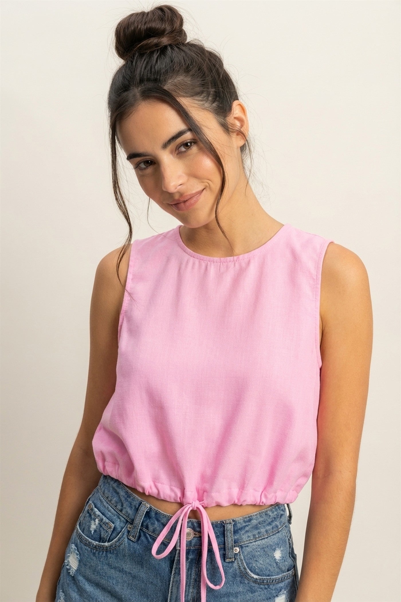 Wholesale Sand Washed Sleeveless Crop Top Clothing Tops DZ25C515 PINK DOUBLE ZERO