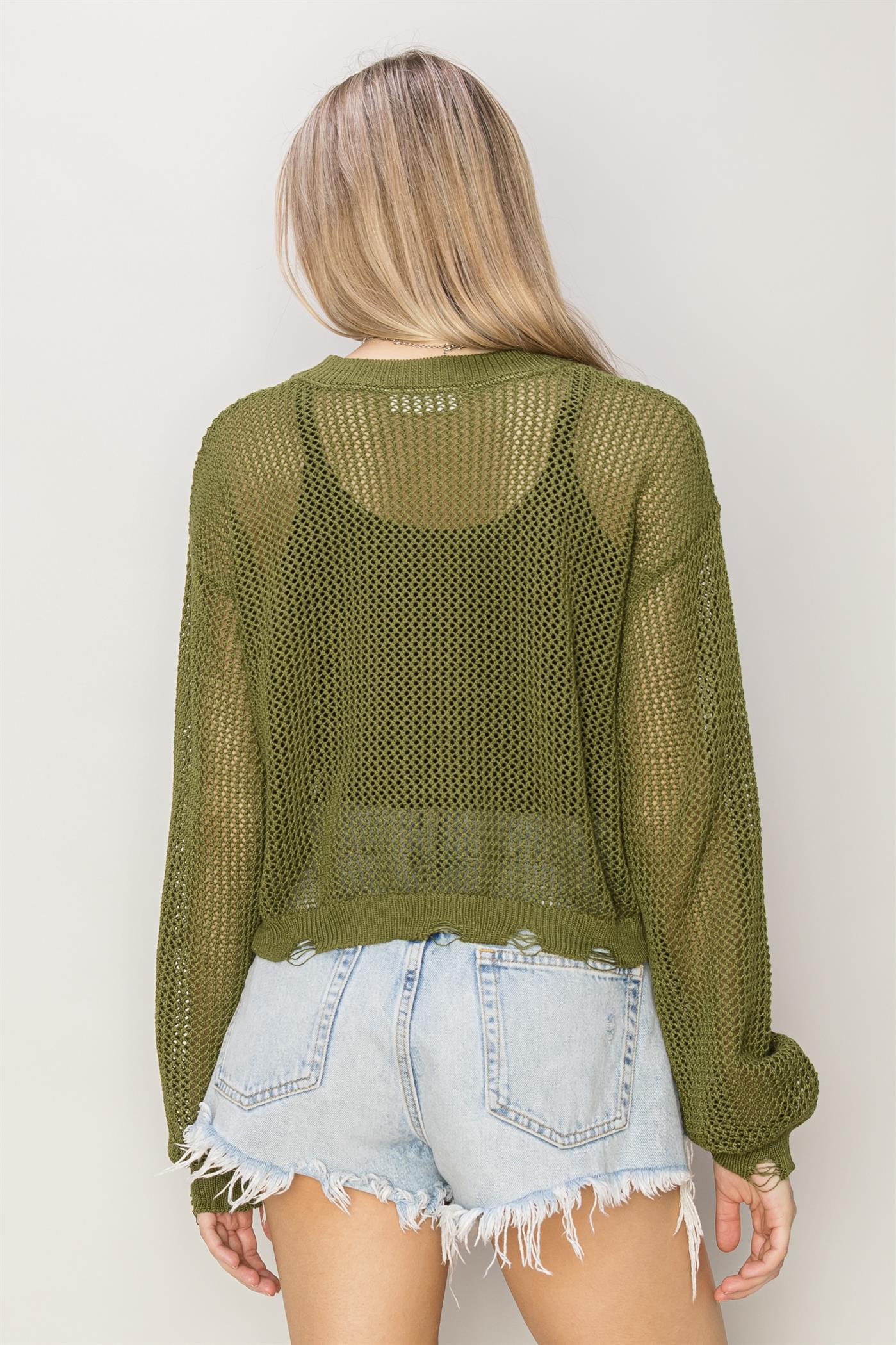 Wholesale Distressed Knit Sweater Clothing Tops DZ24C038 MOSS DOUBLE ZERO
