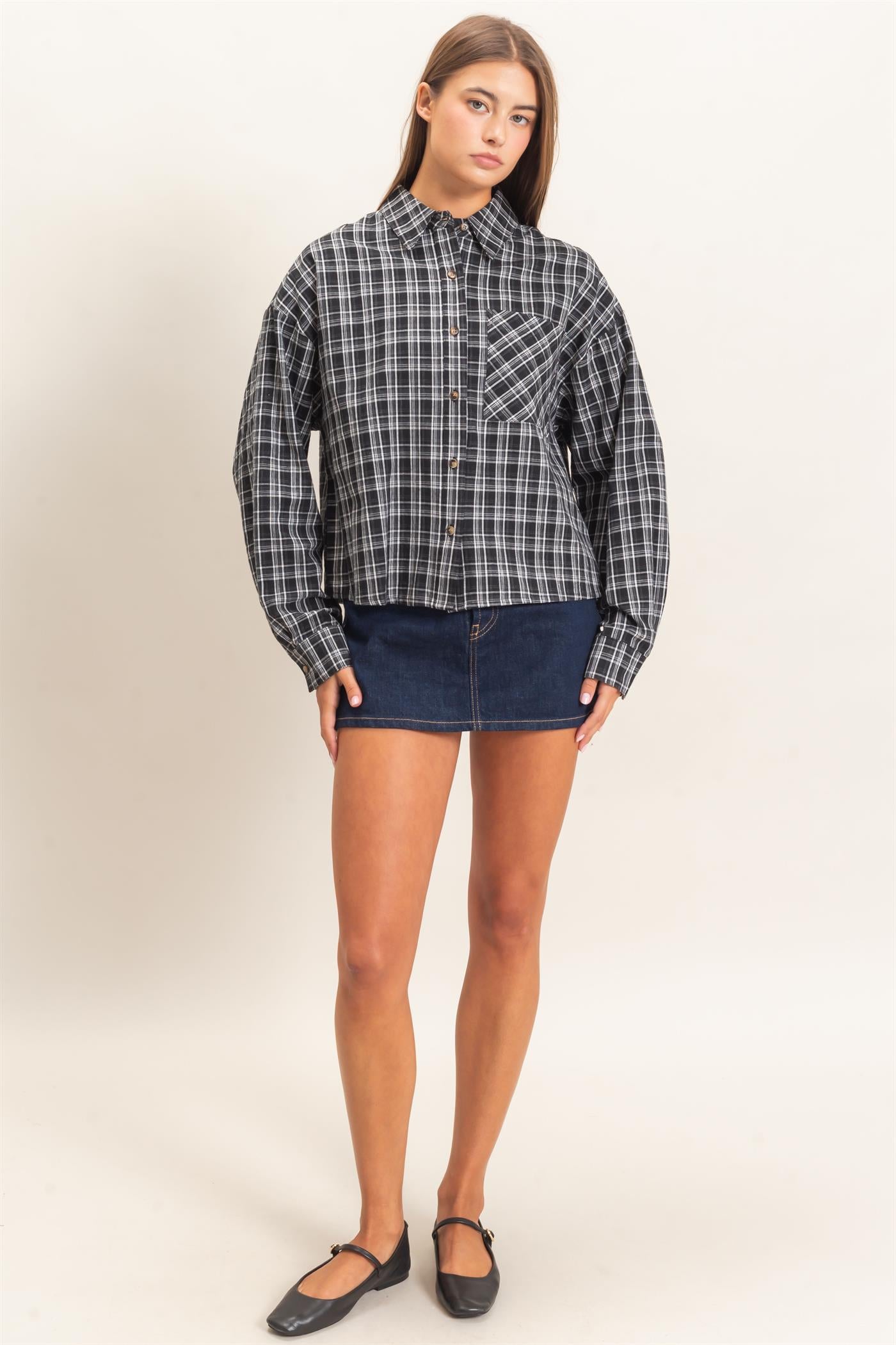 Wholesale Plaid Button-Up Shirt Clothing Tops DZ26E395 BLACK DOUBLE ZERO