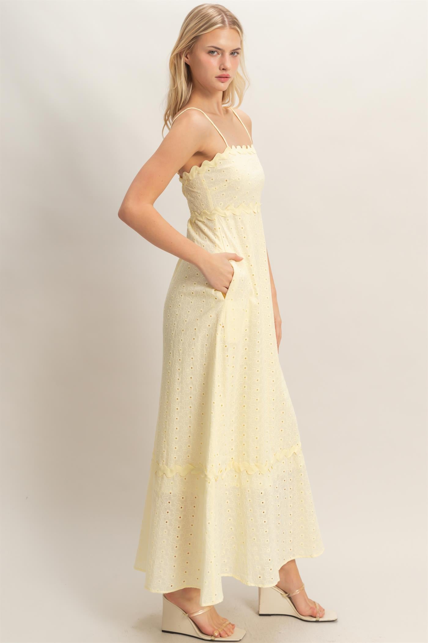Wholesale Scallop Trim Eyelet Midi Dress Dresses HF26A694 BUTTER YELLOW HYFVE