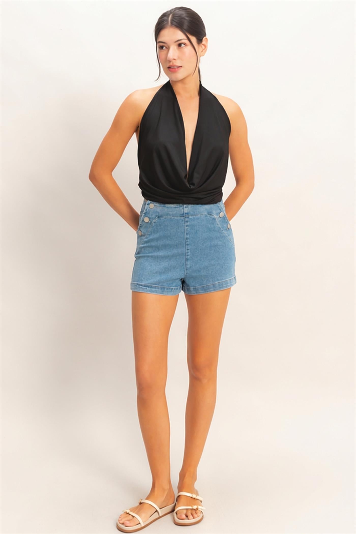 Wholesale Draped Halter Neck Top Clothing Tops HF26E353 BLACK HYFVE